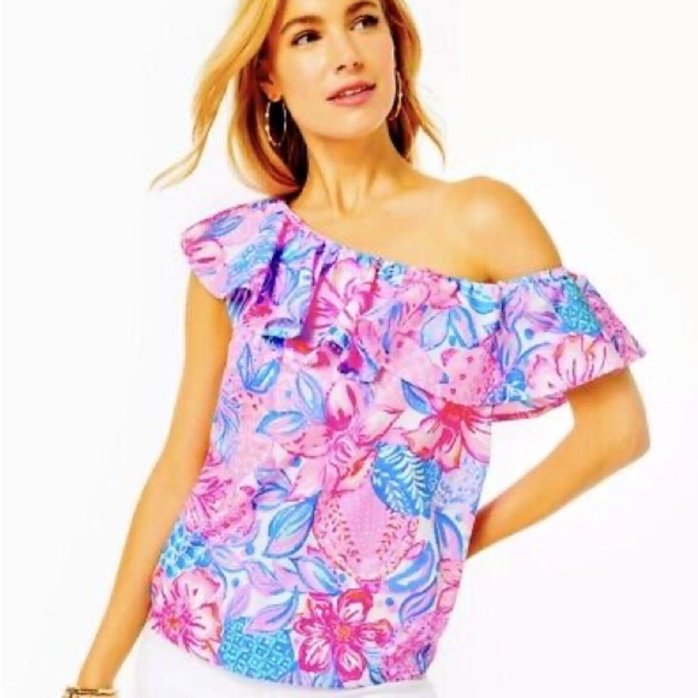 Lilly Pulitzer Zeldie One-Shoulder Ruffle Top Pink Isle Snappy Turtle